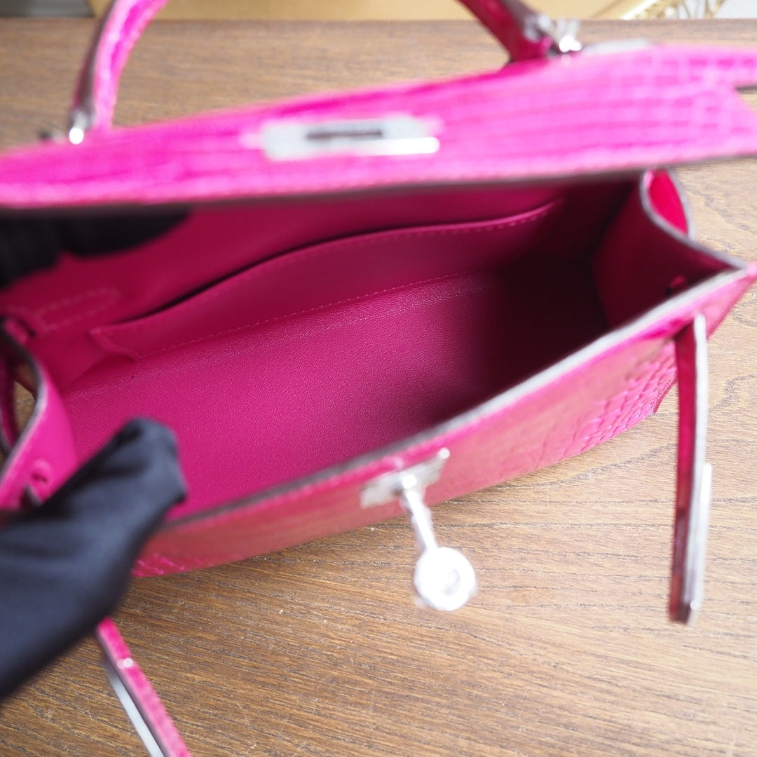 Hermes Mini Kelly 19cm J5/天方夜谭紫/Rose scheherazade Crocodile leather Palladium hardware