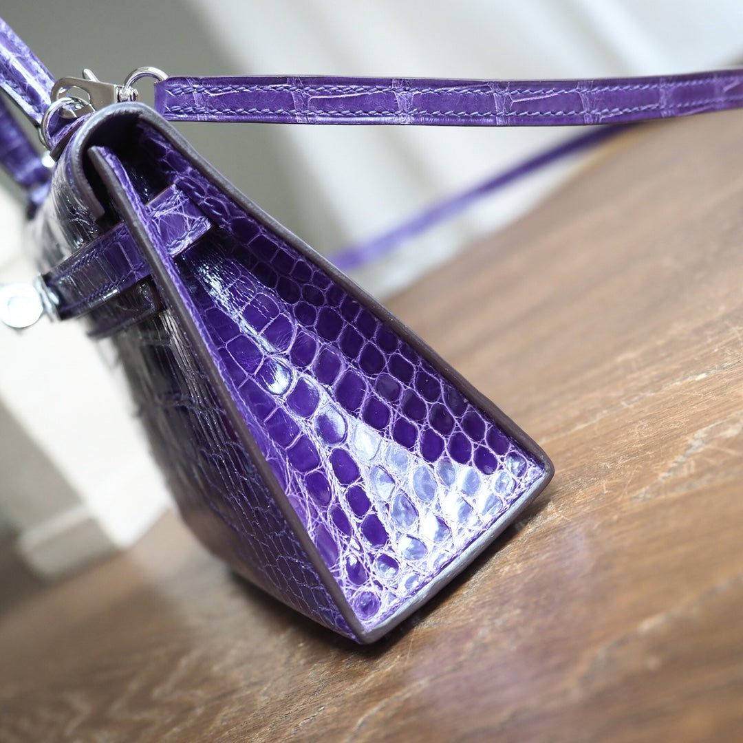Hermes Mini Kelly 19cm 5L/极度紫/Ultraviolet Crocodile leather Palladium hardware