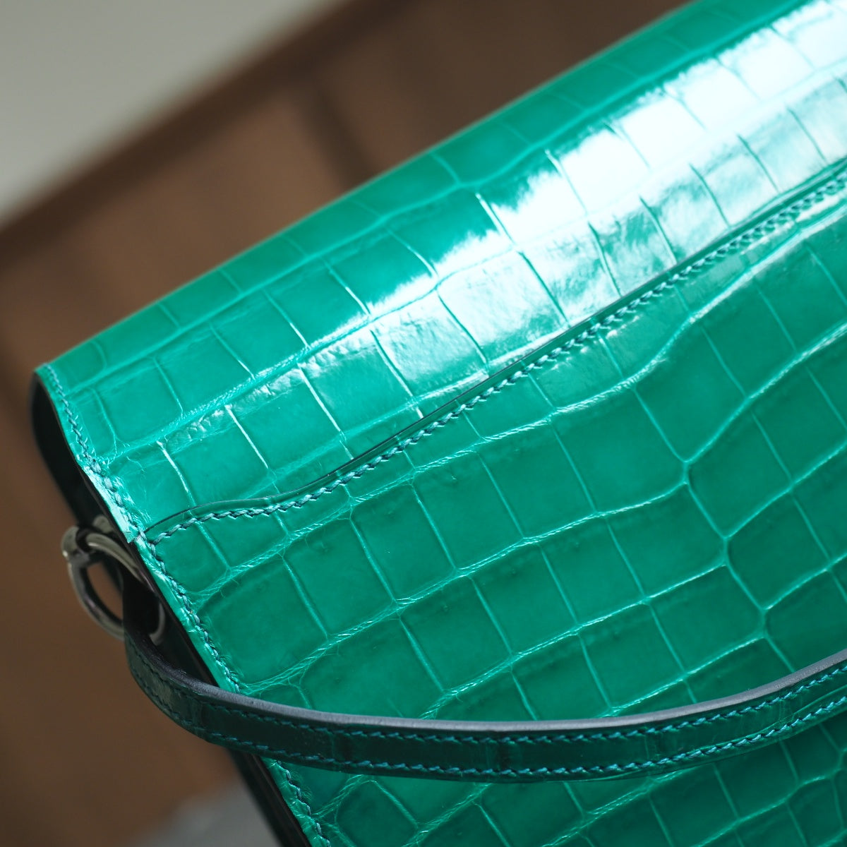 Hermes Roulis 19cm 6Q/翡翠绿/Vert emeraude Shiny cror leather Palladium hardware