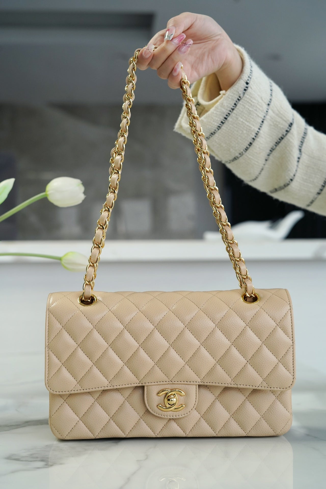 CHANEL 𝗖𝗹𝗮𝘀𝘀𝗶𝗰 𝗙𝗹𝗮𝗽  正品皮鱼子酱 中号 杏色