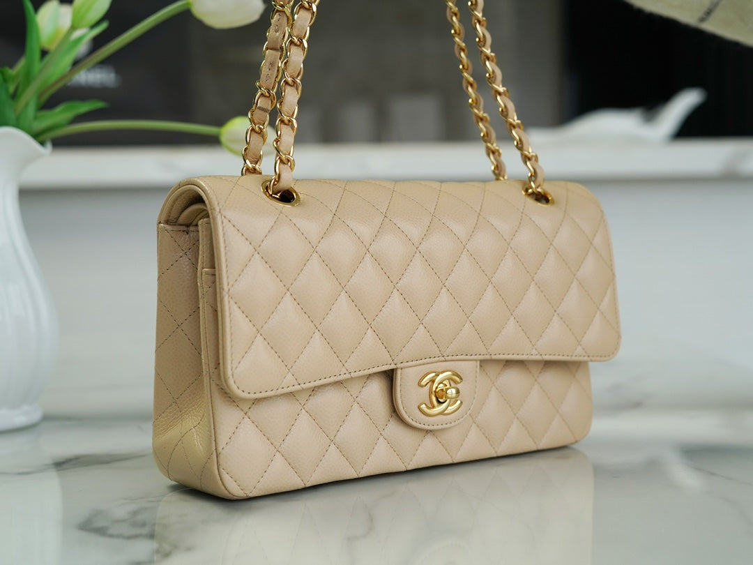 CHANEL 𝗖𝗹𝗮𝘀𝘀𝗶𝗰 𝗙𝗹𝗮𝗽  正品皮鱼子酱 中号 杏色