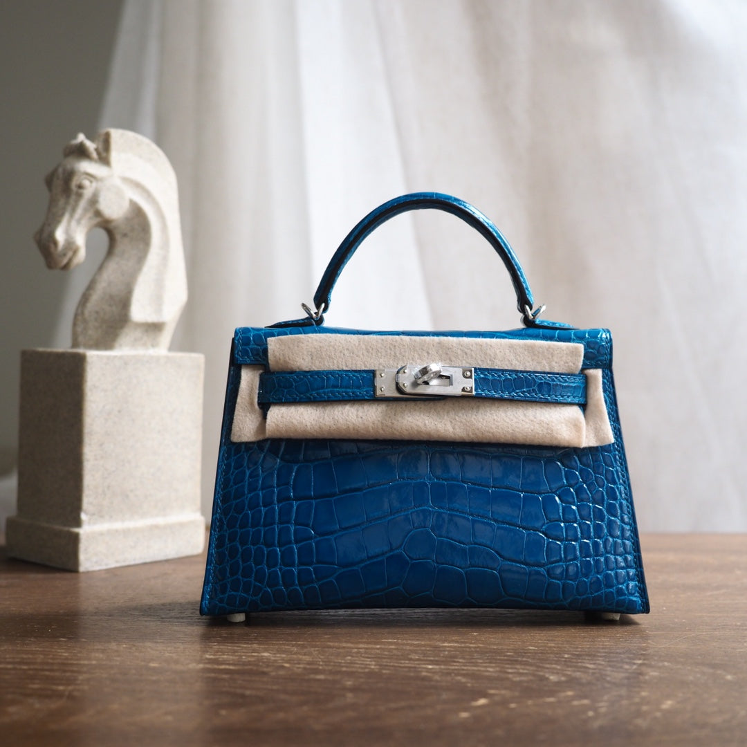 Hermes Mini Kelly 19cm 7W/伊兹密尔蓝/Blue Izmir Crocodile leather Palladium hardware