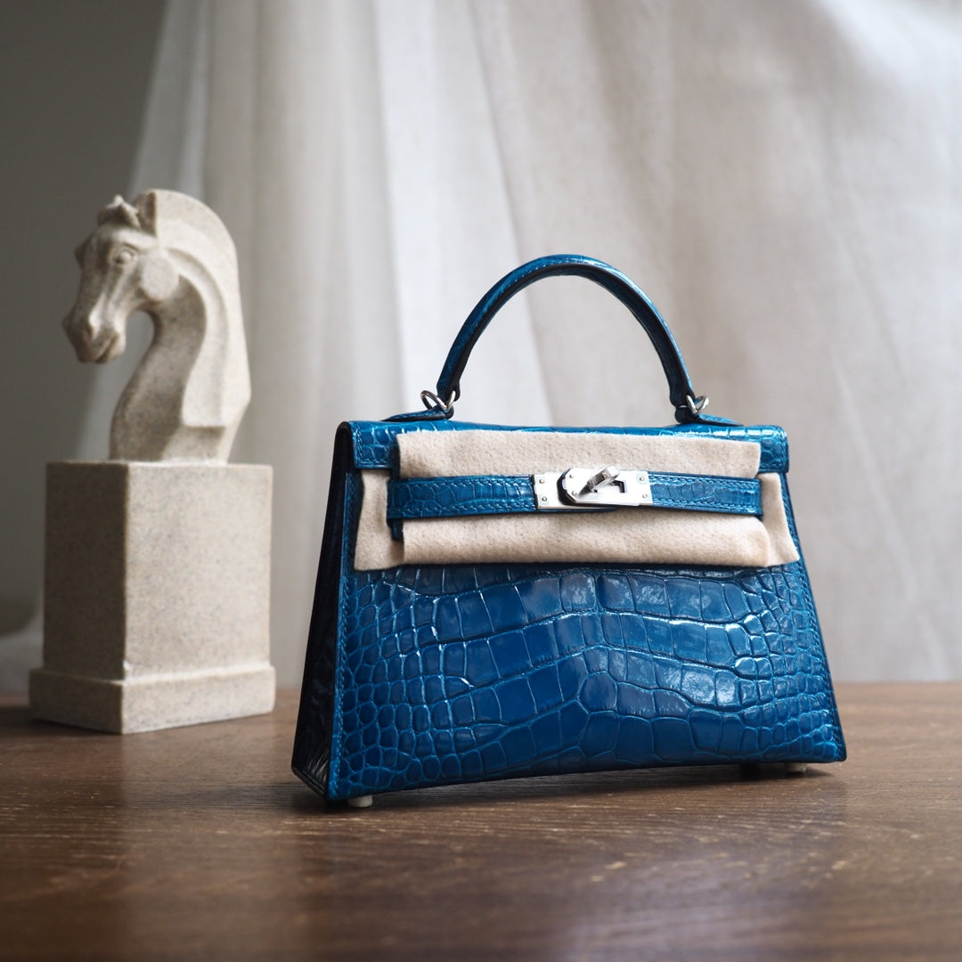 Hermes Mini Kelly 19cm 7W/伊兹密尔蓝/Blue Izmir Crocodile leather Palladium hardware