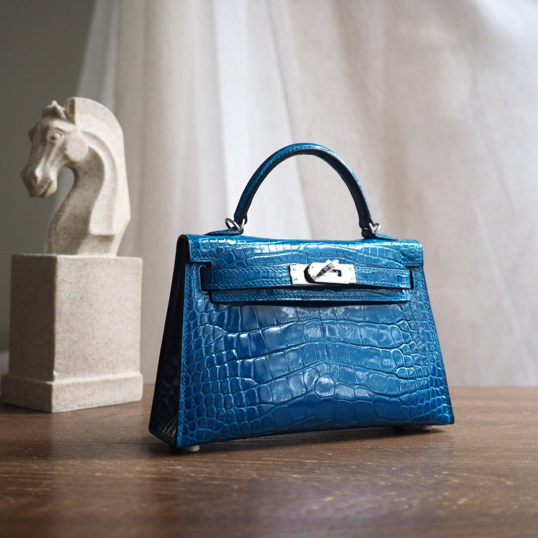 Hermes Mini Kelly 19cm 7W/伊兹密尔蓝/Blue Izmir Crocodile leather Palladium hardware