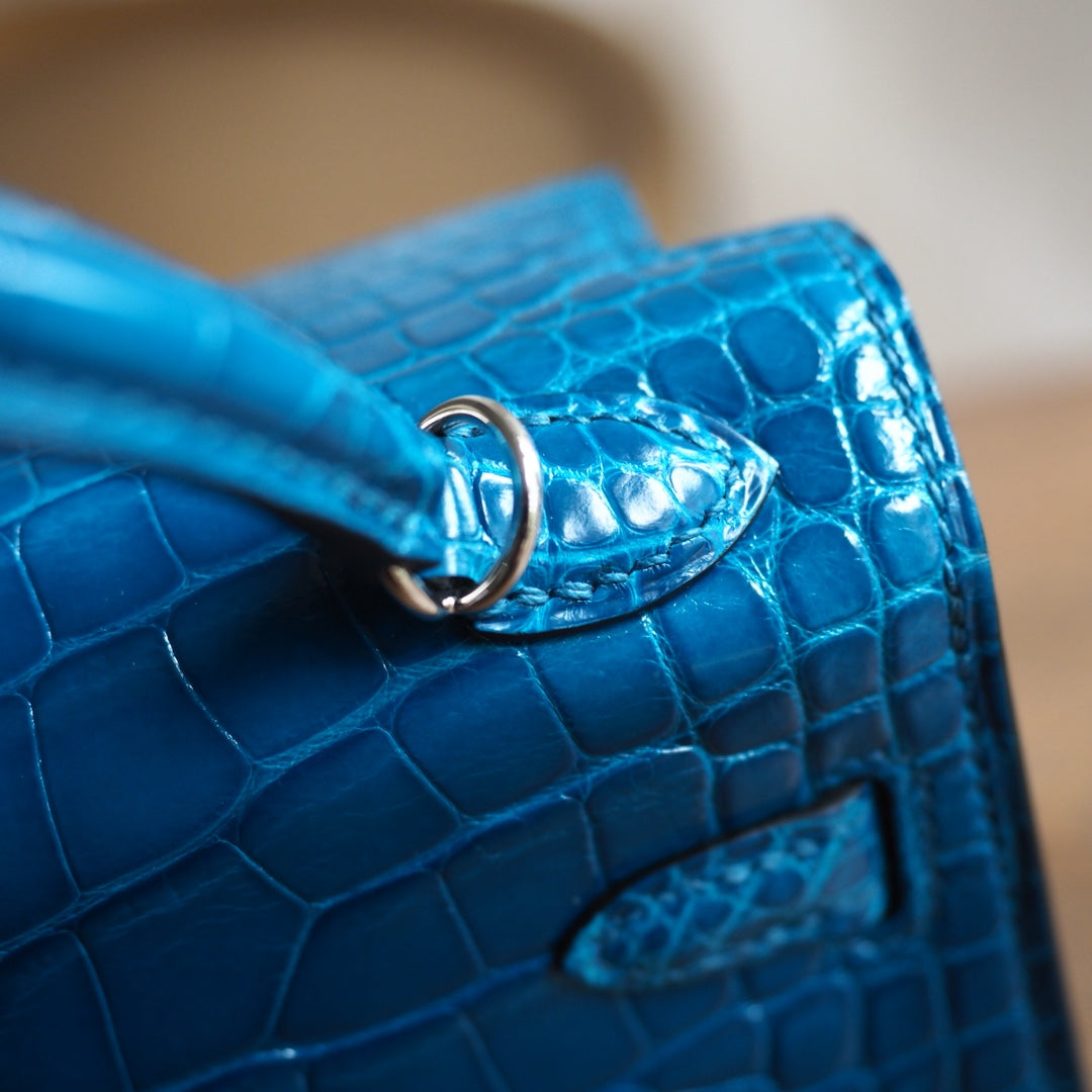 Hermes Mini Kelly 19cm 7W/伊兹密尔蓝/Blue Izmir Crocodile leather Palladium hardware