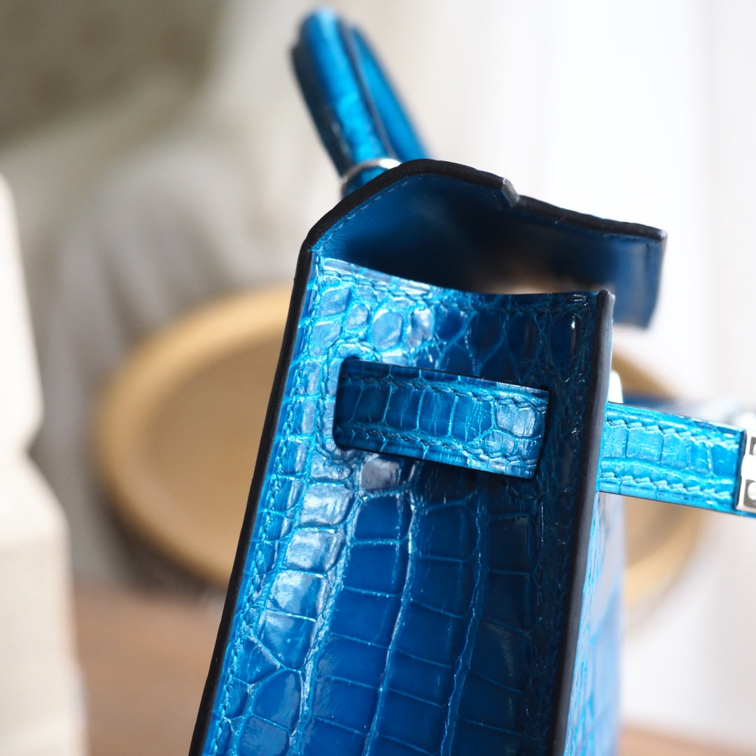 Hermes Mini Kelly 19cm 7W/伊兹密尔蓝/Blue Izmir Crocodile leather Palladium hardware