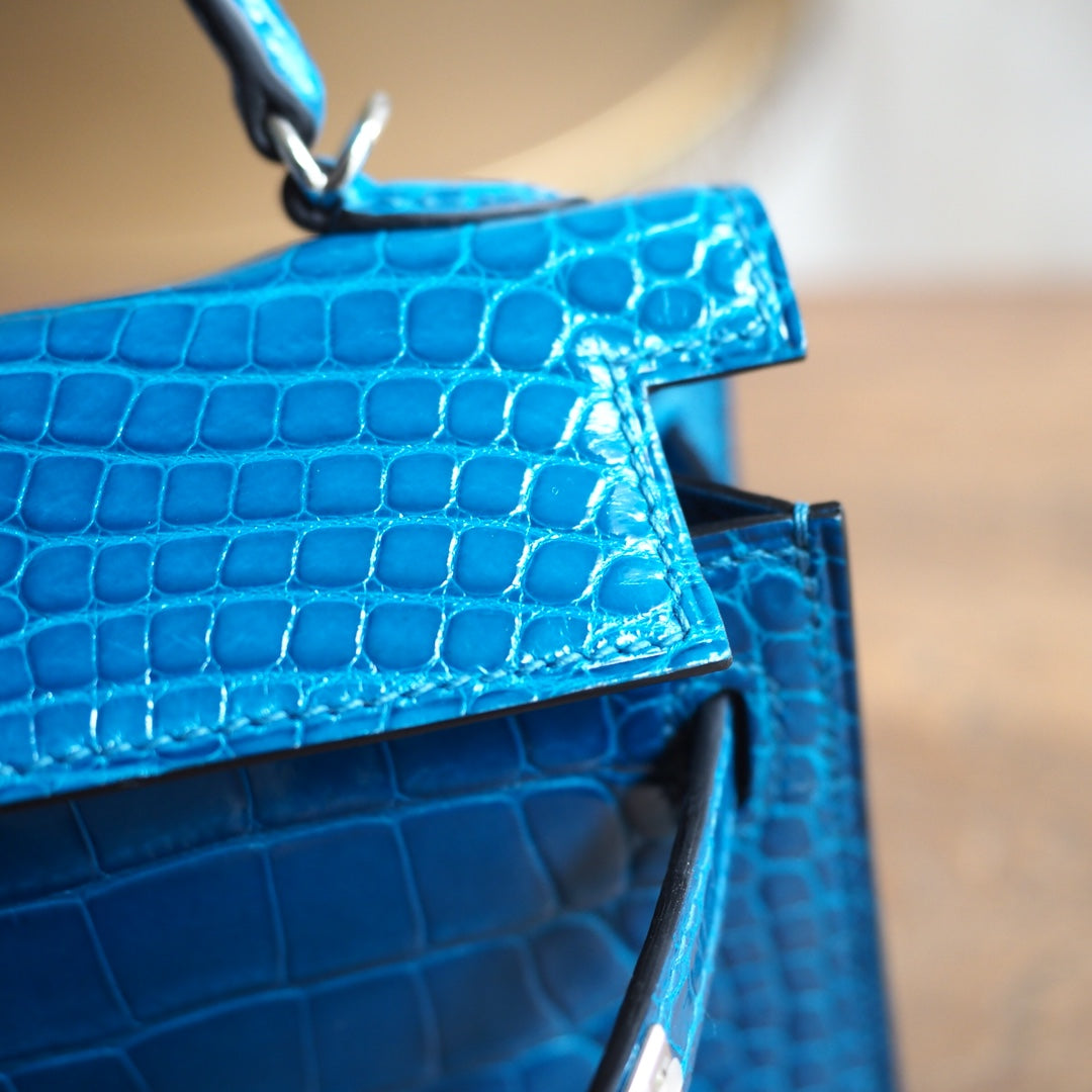 Hermes Mini Kelly 19cm 7W/伊兹密尔蓝/Blue Izmir Crocodile leather Palladium hardware