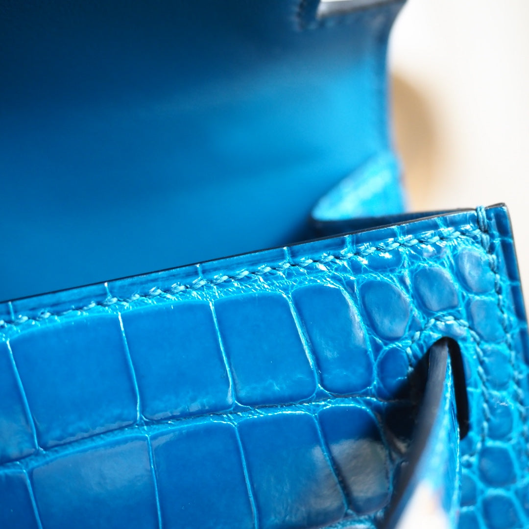 Hermes Mini Kelly 19cm 7W/伊兹密尔蓝/Blue Izmir Crocodile leather Palladium hardware