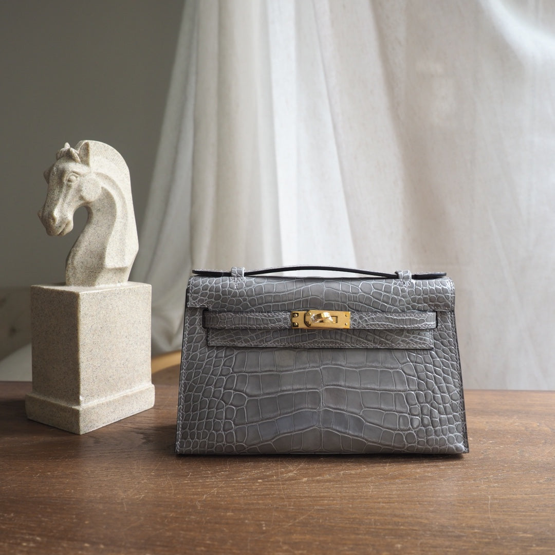 Hermes Mini Kelly 22cm 81/斑鸠灰/Gris Tourterelle Crocodile leather Gole hardware
