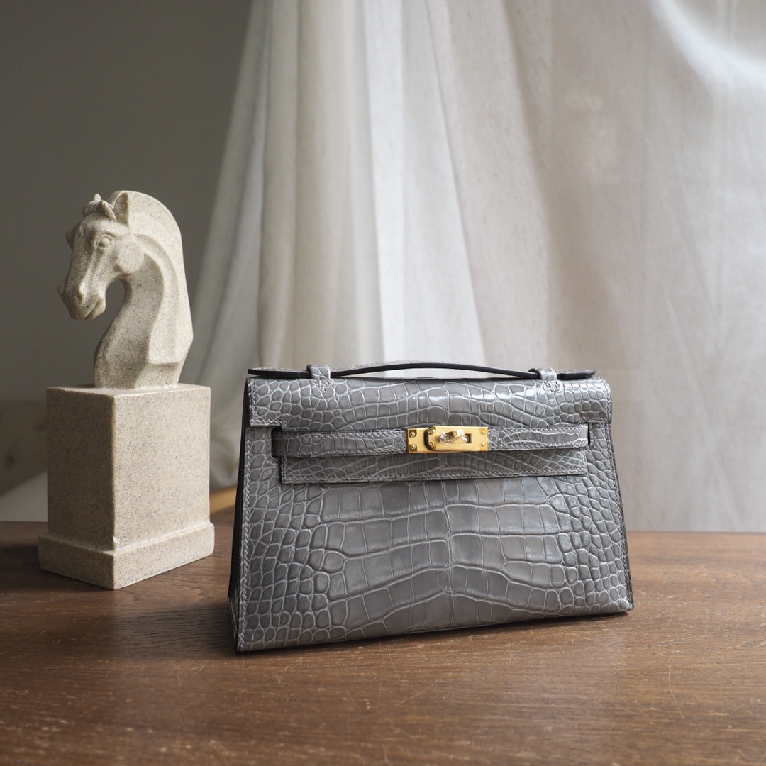 Hermes Mini Kelly 22cm 81/斑鸠灰/Gris Tourterelle Crocodile leather Gole hardware