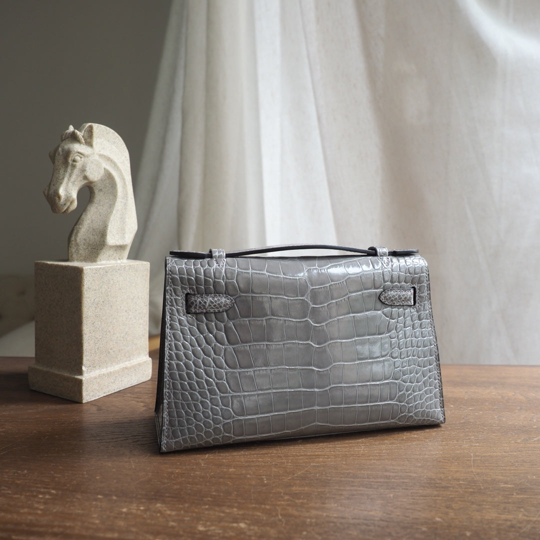 Hermes Mini Kelly 22cm 81/斑鸠灰/Gris Tourterelle Crocodile leather Gole hardware