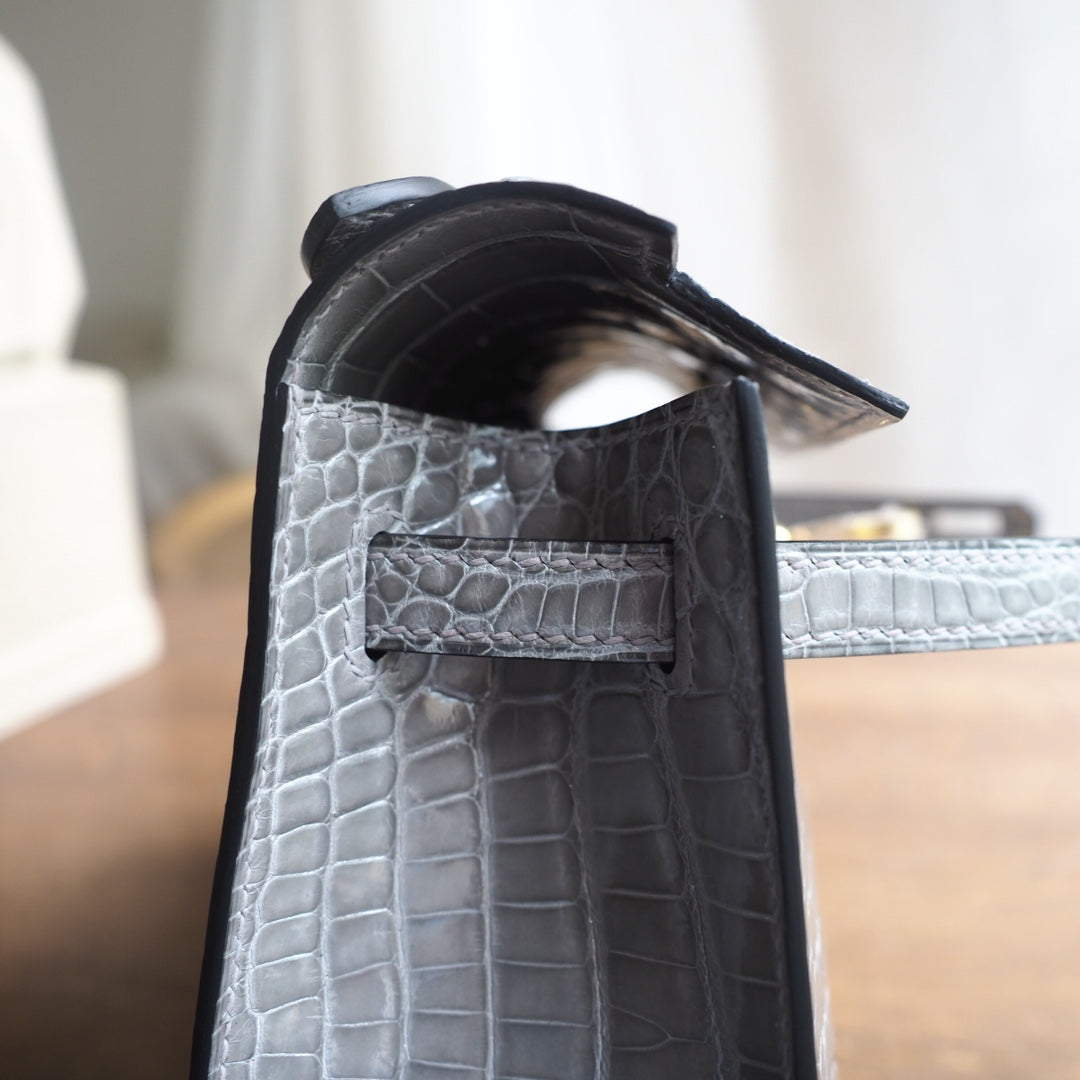 Hermes Mini Kelly 22cm 81/斑鸠灰/Gris Tourterelle Crocodile leather Gole hardware