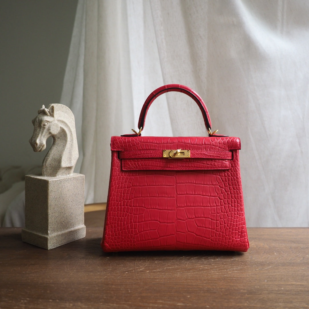 Hermes Kelly 25cm A5/杜鹃红/Bougainvillier Crocodile leather Gold hardware