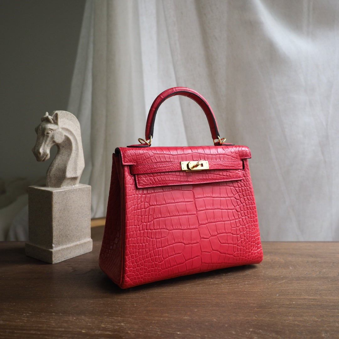 Hermes Kelly 25cm A5/杜鹃红/Bougainvillier Crocodile leather Gold hardware