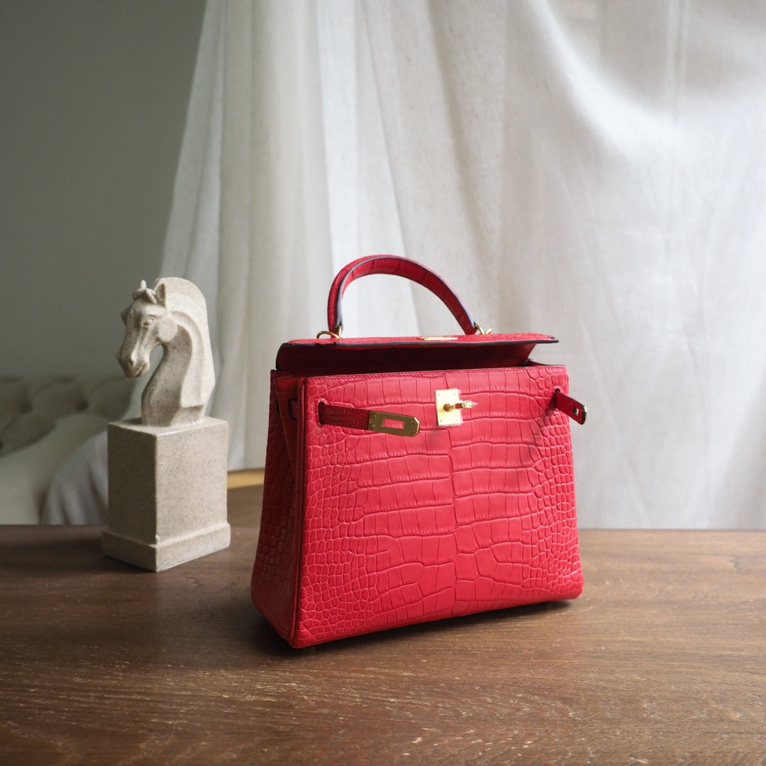 Hermes Kelly 25cm A5/杜鹃红/Bougainvillier Crocodile leather Gold hardware