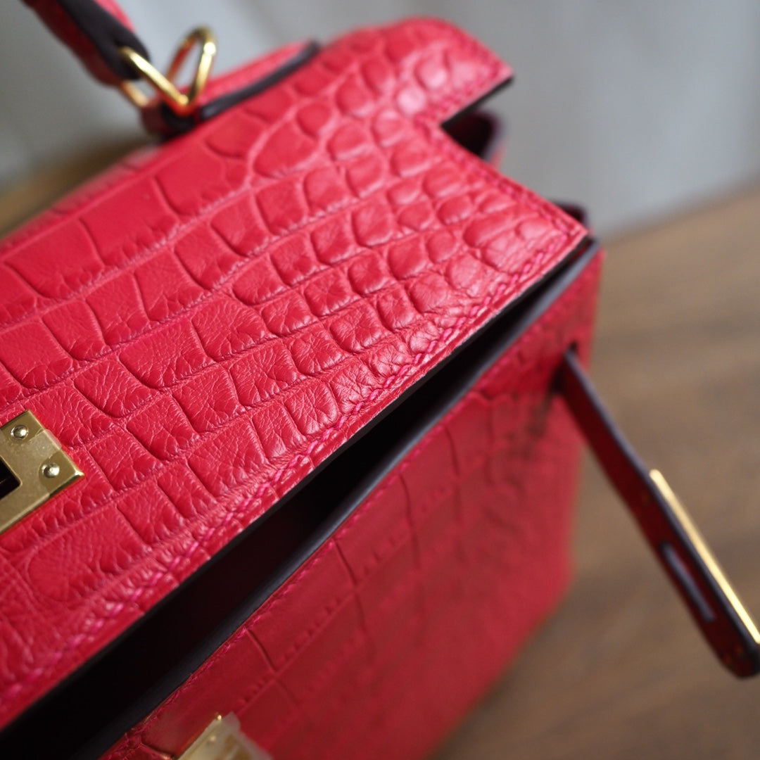 Hermes Kelly 25cm A5/杜鹃红/Bougainvillier Crocodile leather Gold hardware