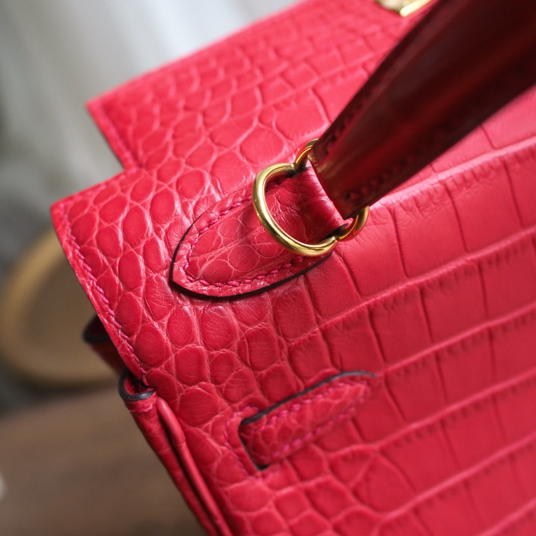 Hermes Kelly 25cm A5/杜鹃红/Bougainvillier Crocodile leather Gold hardware