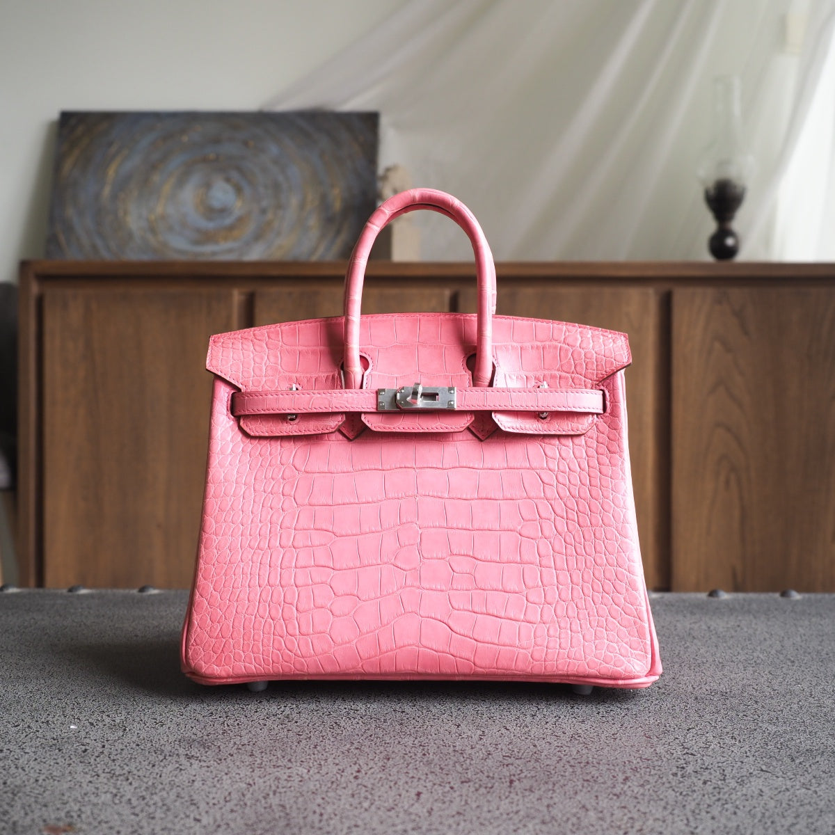 Hermes Birkin 25cm U5/唇膏粉/Rose lipstick Crocodile leather Palladium hardware