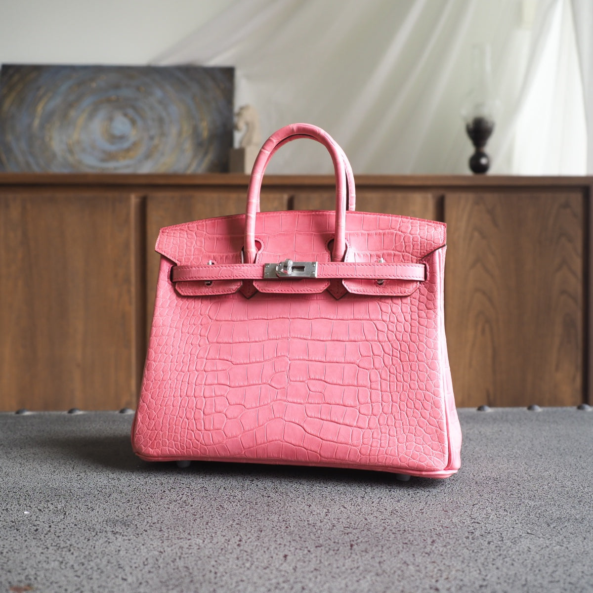 Hermes Birkin 25cm U5/唇膏粉/Rose lipstick Crocodile leather Palladium hardware