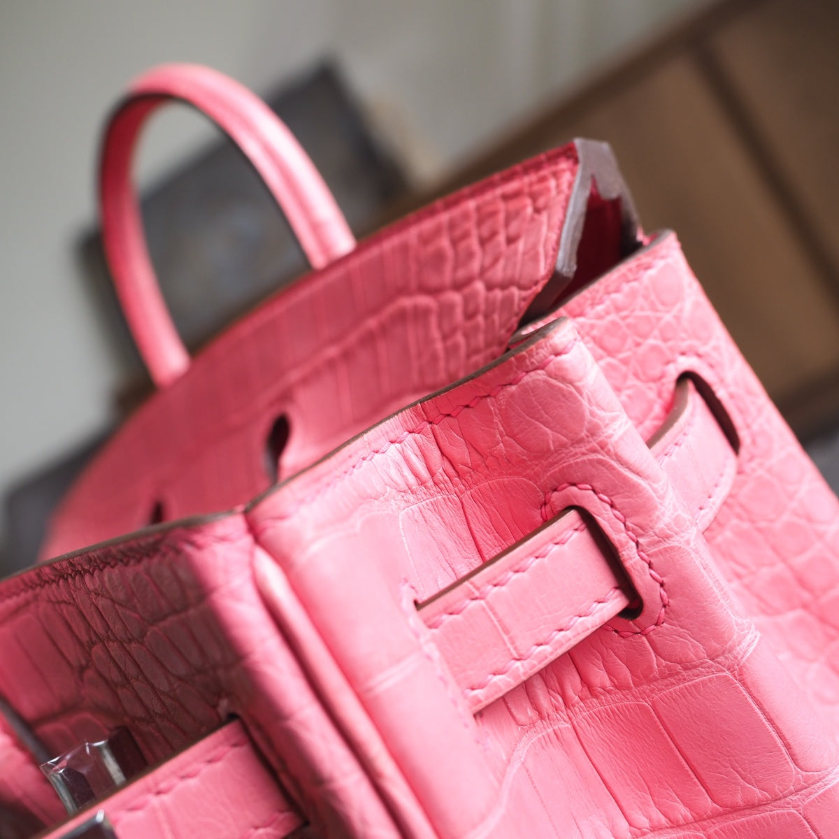 Hermes Birkin 25cm U5/唇膏粉/Rose lipstick Crocodile leather Palladium hardware