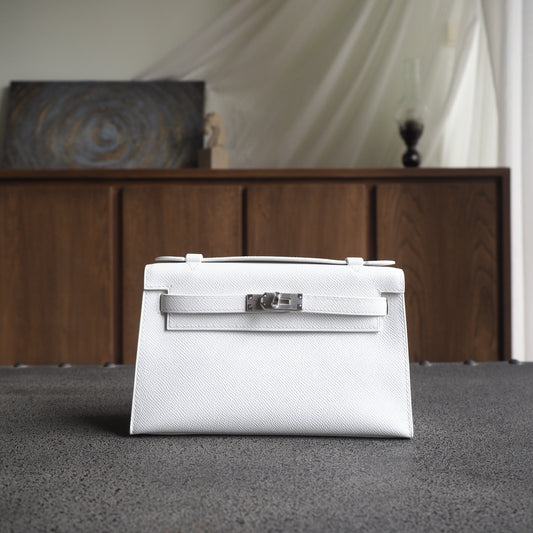 Hermes Mini Kelly 22cm 01/纯白色/Blanc Epsom leather Palladium hardware