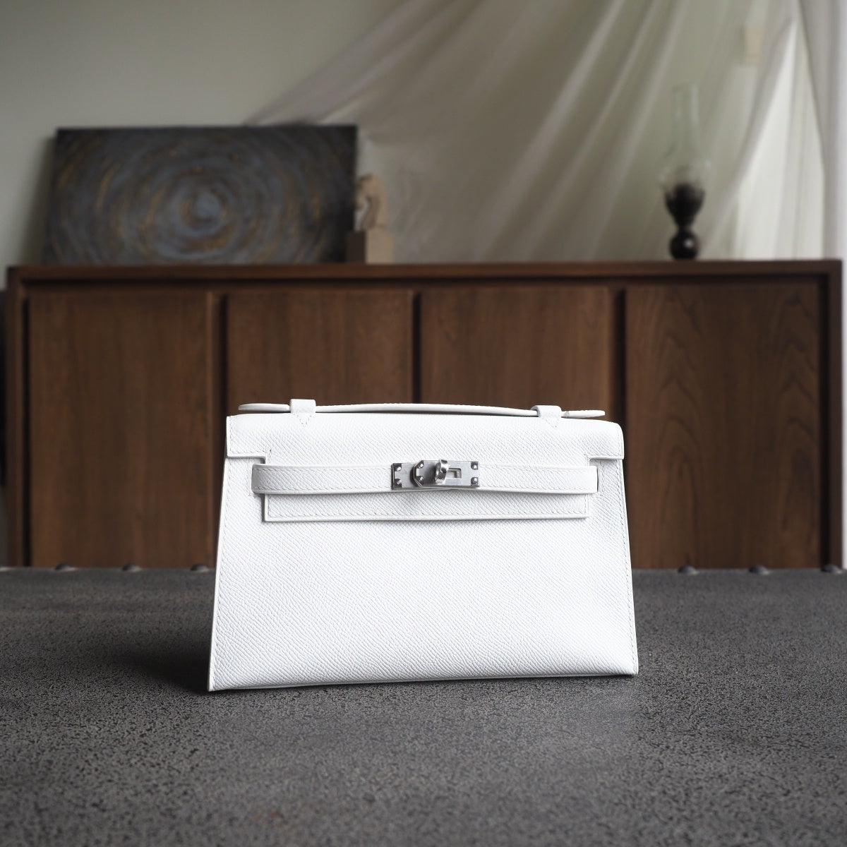 Hermes Mini Kelly 22cm 01/纯白色/Blanc Epsom leather Palladium hardware