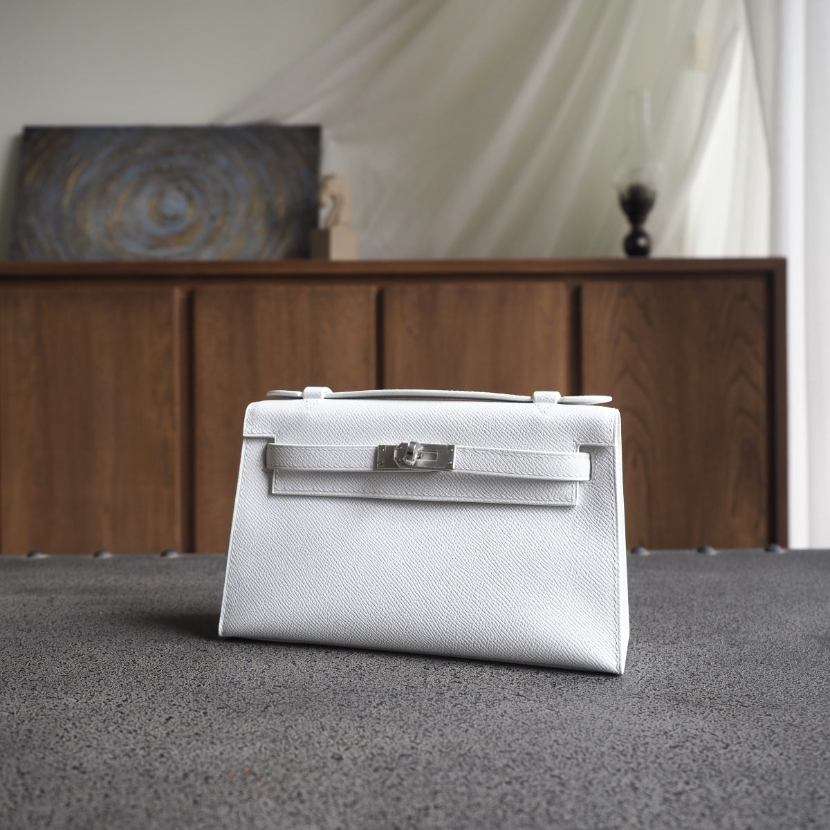 Hermes Mini Kelly 22cm 01/纯白色/Blanc Epsom leather Palladium hardware