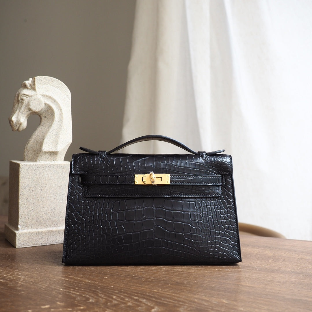 Hermes Mini Kelly 22cm 89/黑色/Noir Crocodile leather Gold hardware