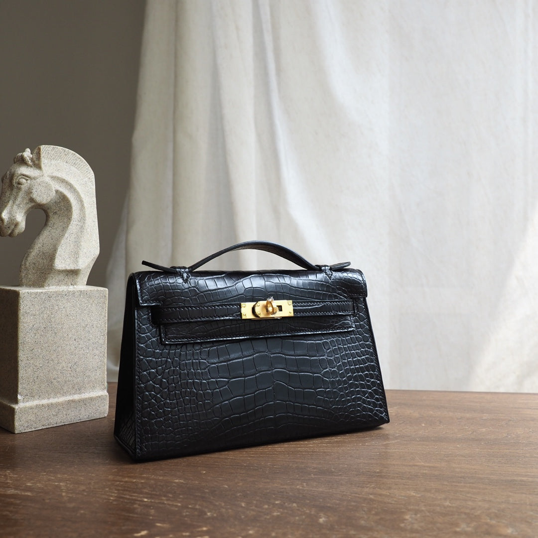 Hermes Mini Kelly 22cm 89/黑色/Noir Crocodile leather Gold hardware