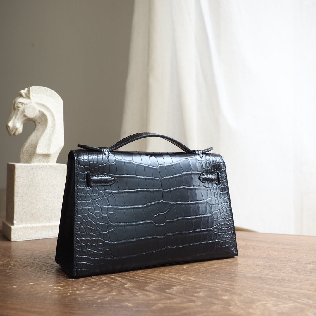 Hermes Mini Kelly 22cm 89/黑色/Noir Crocodile leather Gold hardware