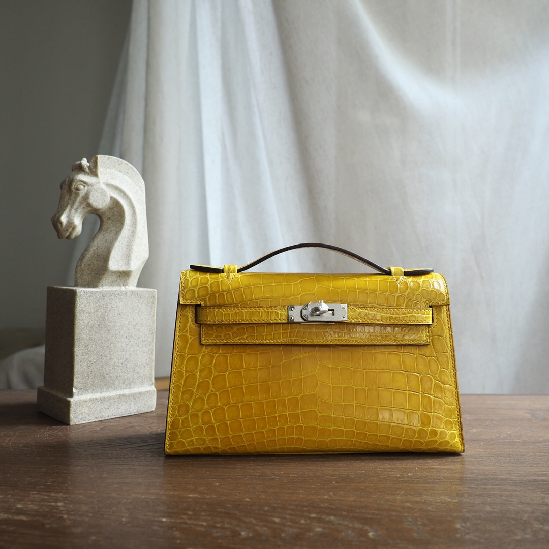 Hermes Mini Kelly 22cm 9D/琥珀黄/Amber Crocodile leather Palladium hardware