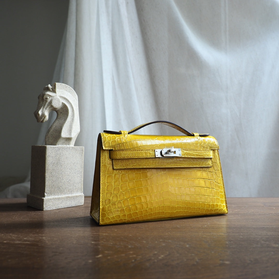 Hermes Mini Kelly 22cm 9D/琥珀黄/Amber Crocodile leather Palladium hardware