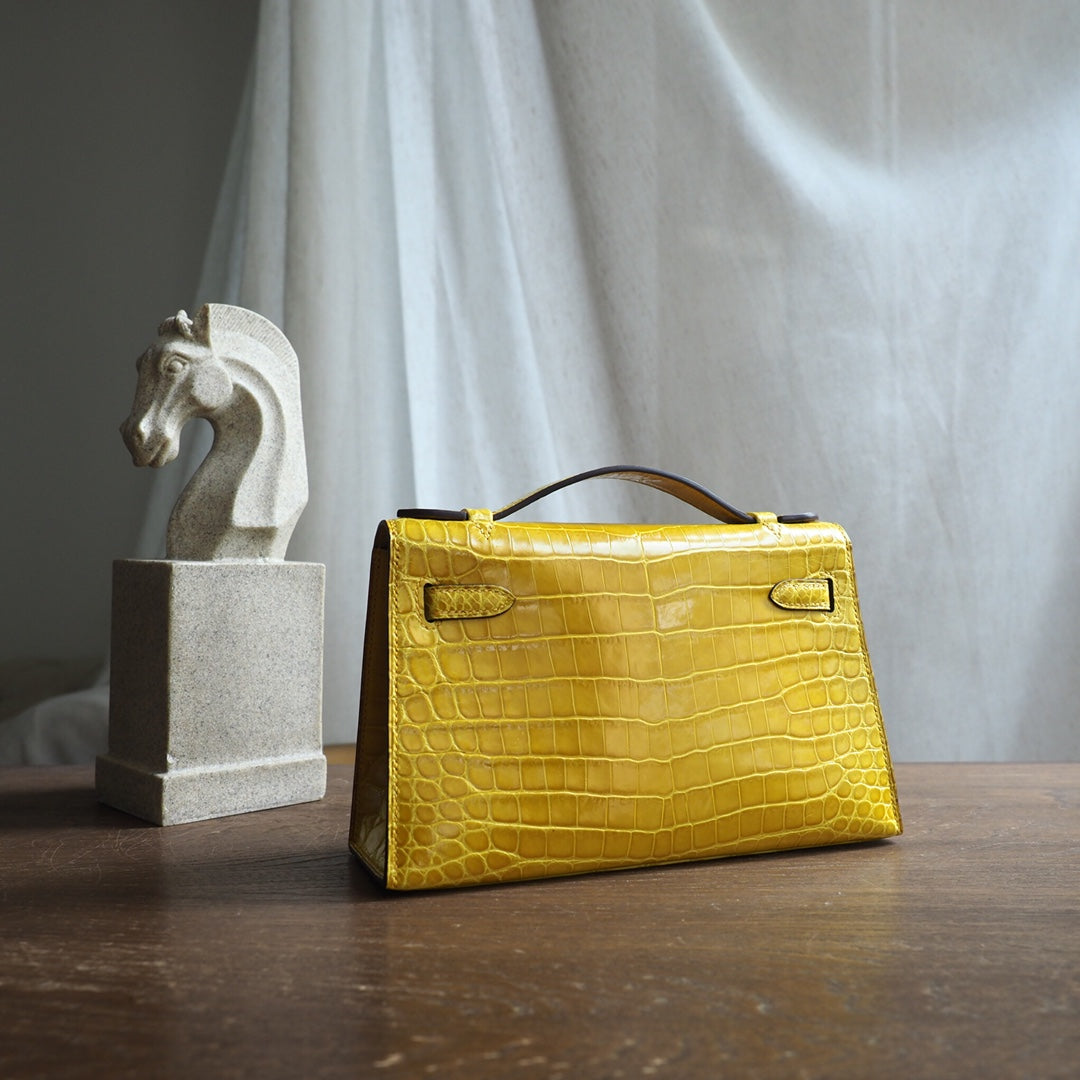 Hermes Mini Kelly 22cm 9D/琥珀黄/Amber Crocodile leather Palladium hardware