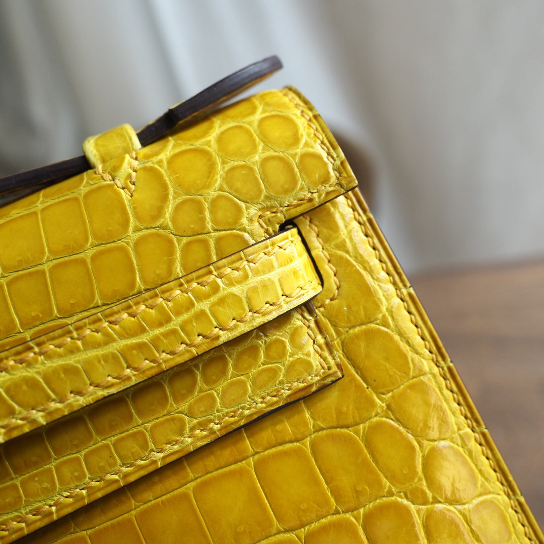 Hermes Mini Kelly 22cm 9D/琥珀黄/Amber Crocodile leather Palladium hardware