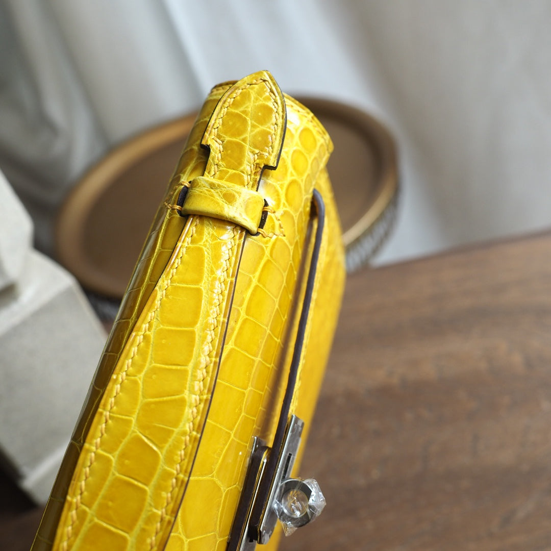 Hermes Mini Kelly 22cm 9D/琥珀黄/Amber Crocodile leather Palladium hardware