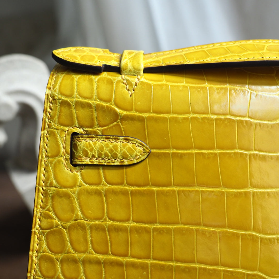 Hermes Mini Kelly 22cm 9D/琥珀黄/Amber Crocodile leather Palladium hardware