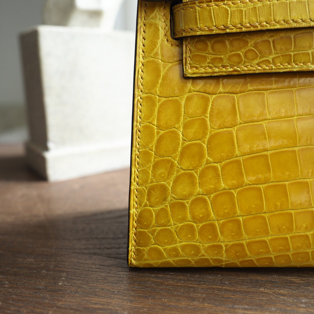 Hermes Mini Kelly 22cm 9D/琥珀黄/Amber Crocodile leather Palladium hardware