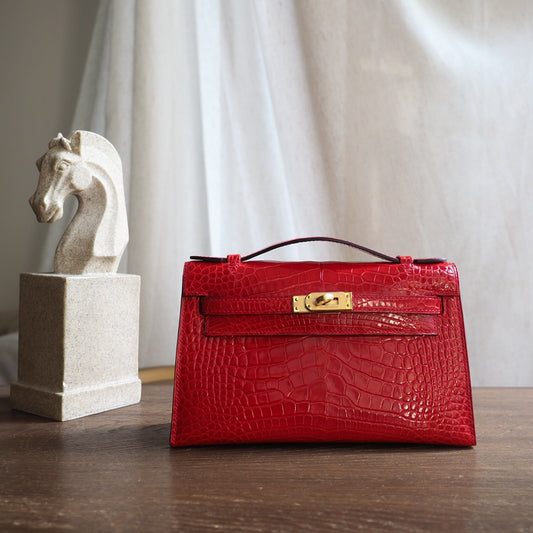 Hermes Mini Kelly 22cm 95/法拉利红/Braise Crocodile leather Gold hardware