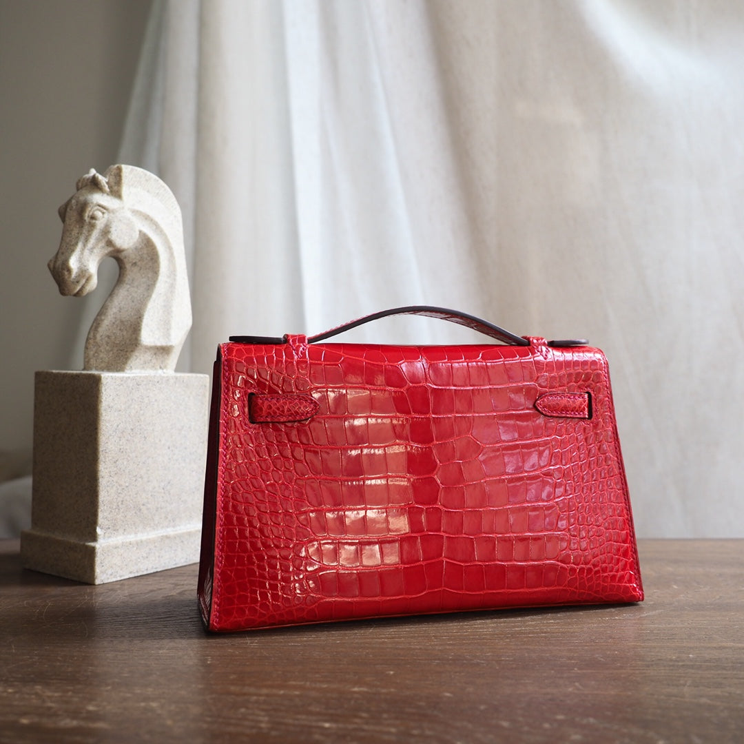 Hermes Mini Kelly 22cm 95/法拉利红/Braise Crocodile leather Gold hardware