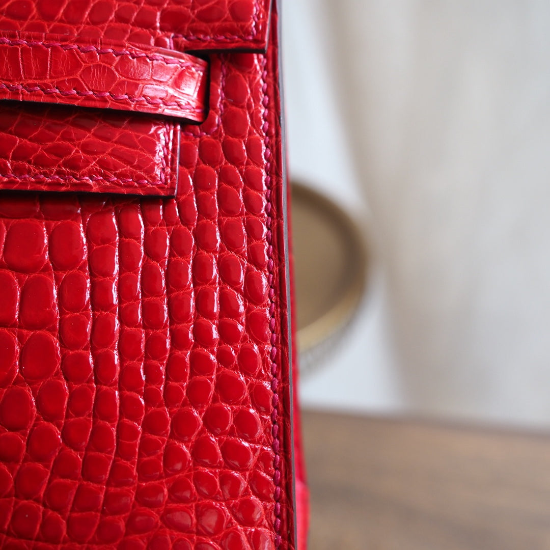 Hermes Mini Kelly 22cm 95/法拉利红/Braise Crocodile leather Gold hardware