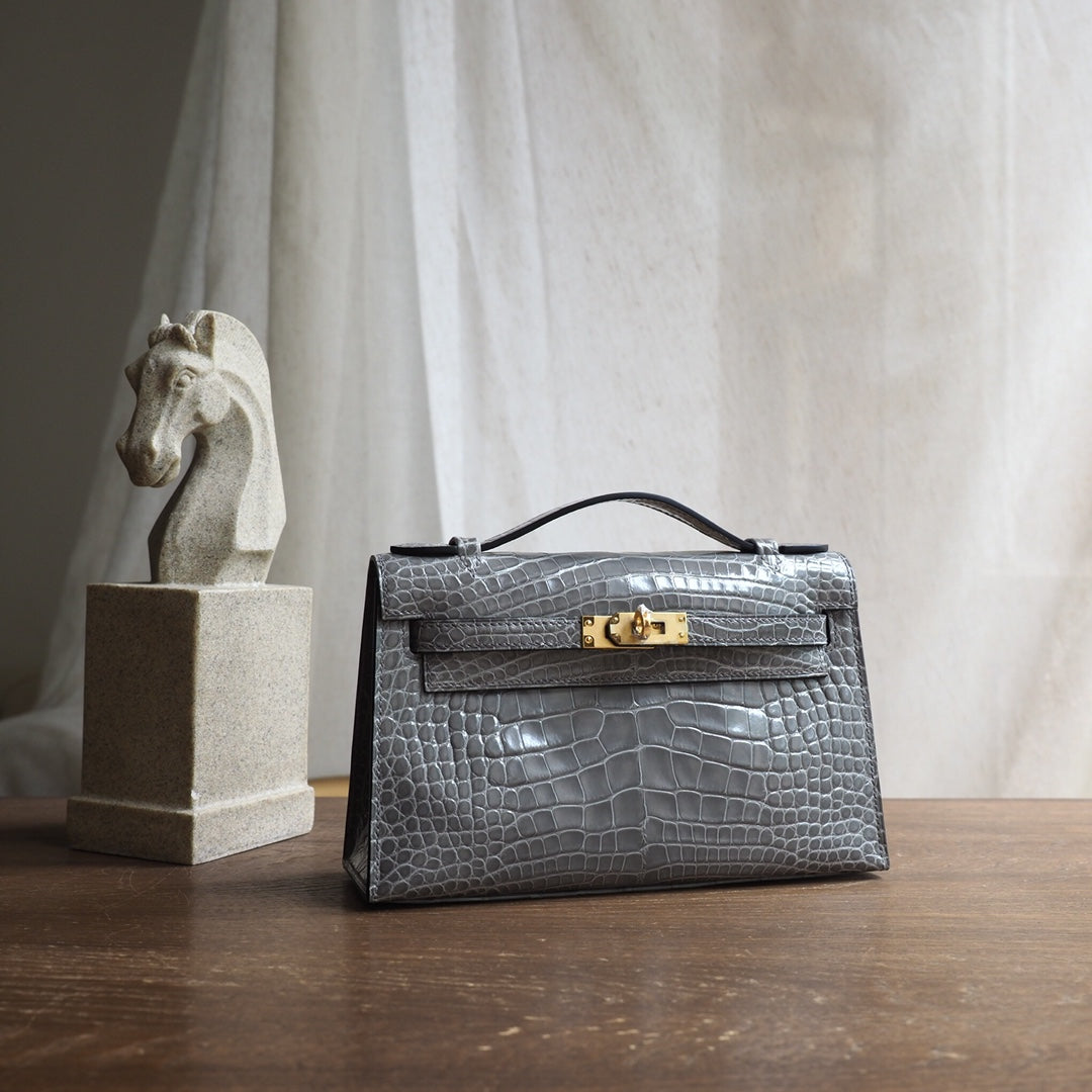 Hermes Mini Kelly 22cm 81/斑鸠灰/Gris Tourterelle Crocodile leather Gold hardware