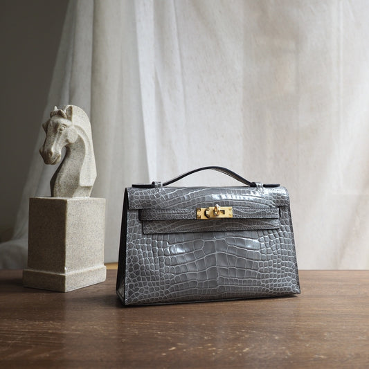 Hermes Mini Kelly 22cm 81/斑鸠灰/Gris Tourterelle Crocodile leather Gold hardware
