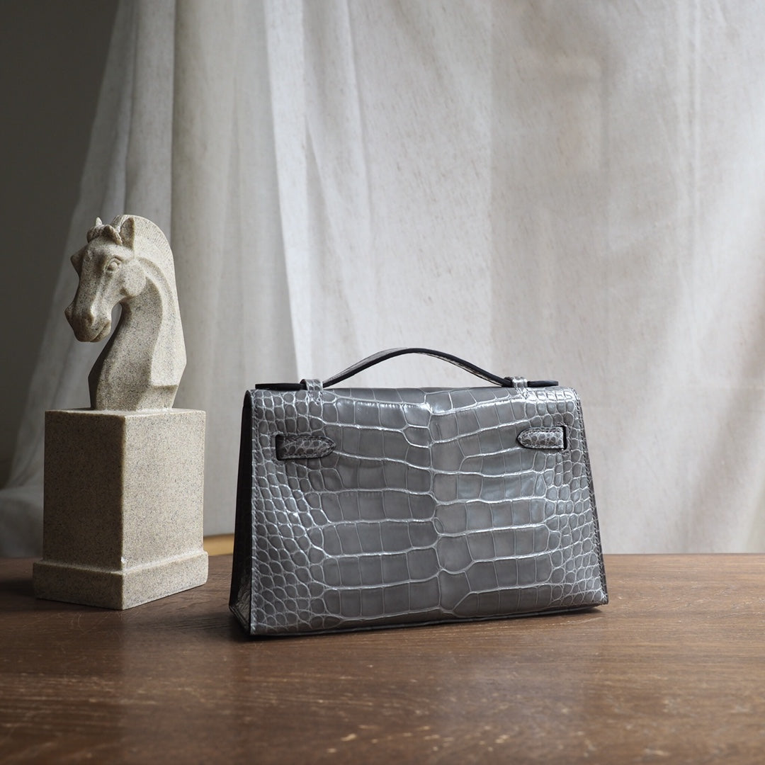 Hermes Mini Kelly 22cm 81/斑鸠灰/Gris Tourterelle Crocodile leather Gold hardware