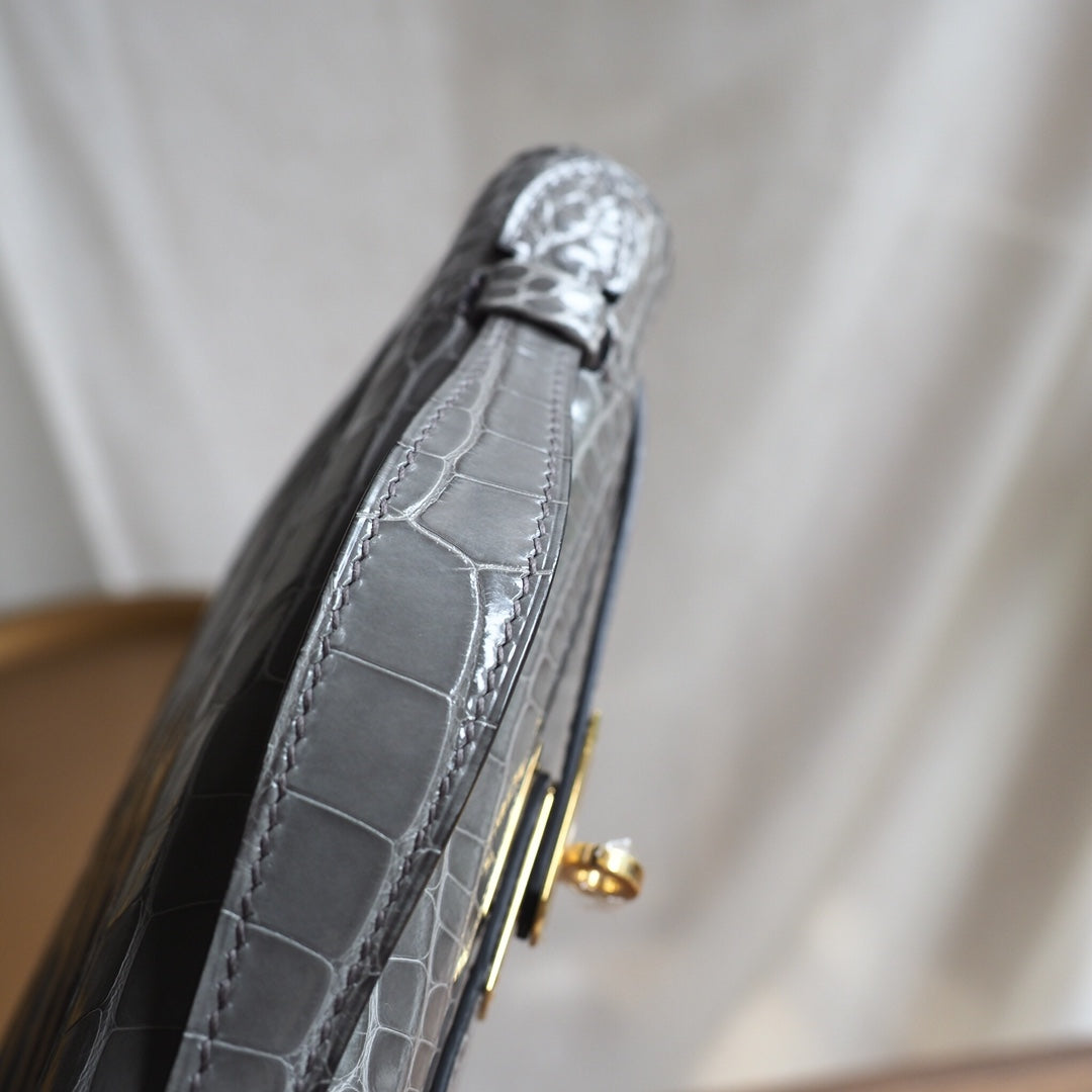 Hermes Mini Kelly 22cm 81/斑鸠灰/Gris Tourterelle Crocodile leather Gold hardware
