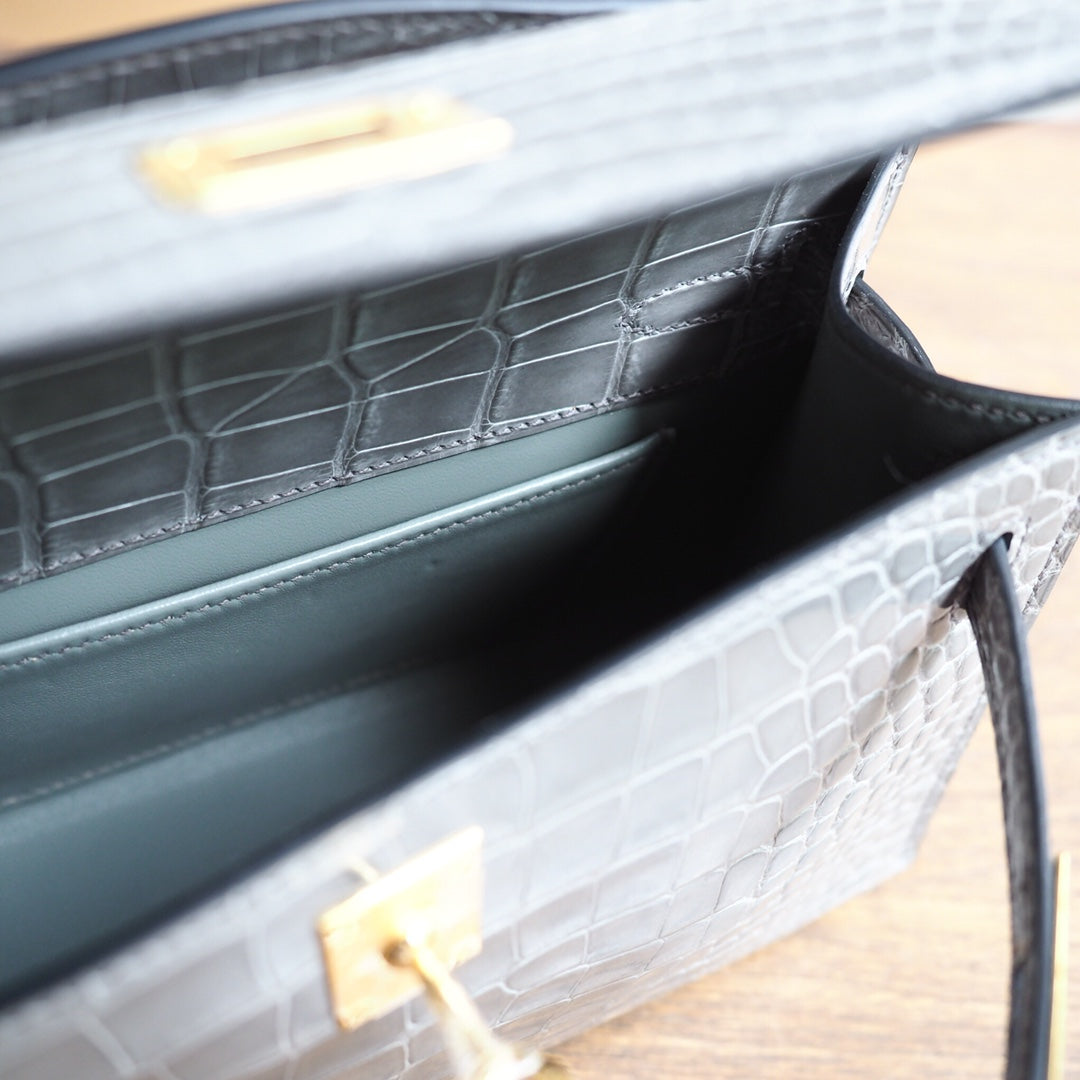 Hermes Mini Kelly 22cm 81/斑鸠灰/Gris Tourterelle Crocodile leather Gold hardware