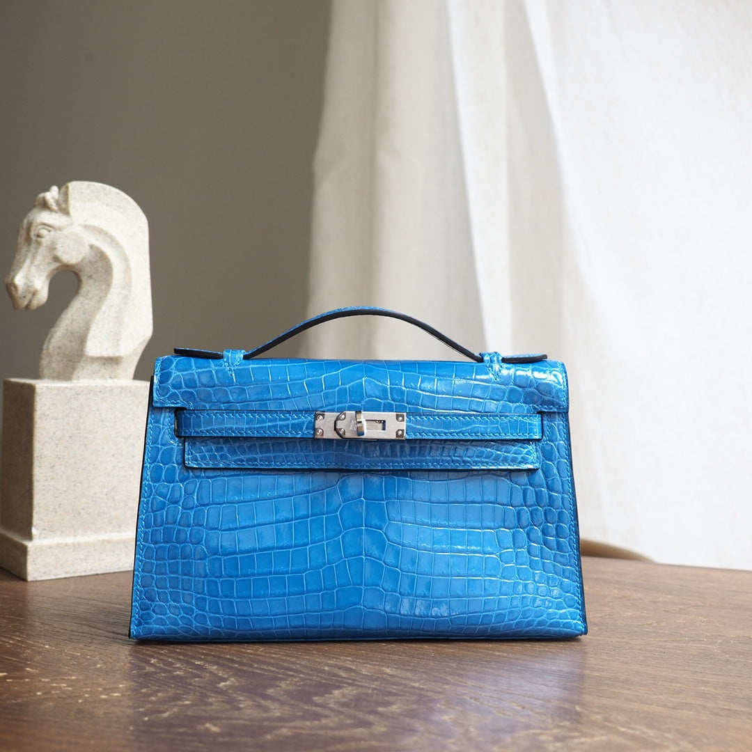 Hermes Mini Kelly 22cm 7W/伊兹密尔蓝/Blue Izmir Crocodile leather Palladium hardware
