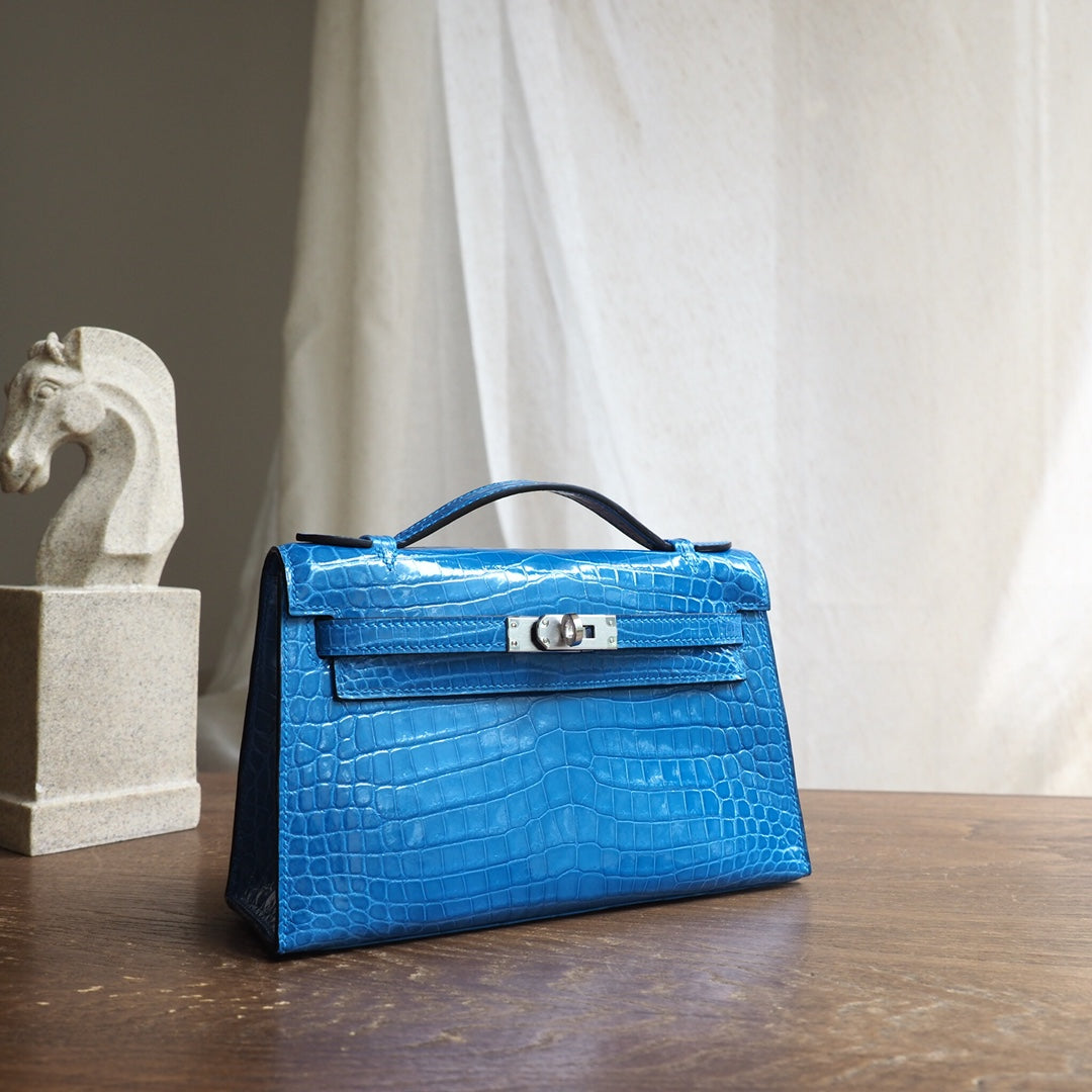 Hermes Mini Kelly 22cm 7W/伊兹密尔蓝/Blue Izmir Crocodile leather Palladium hardware