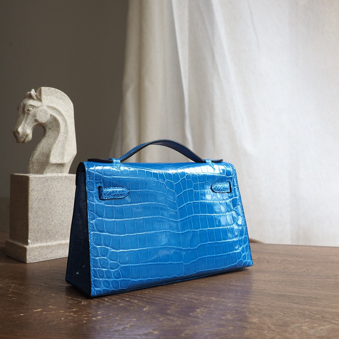Hermes Mini Kelly 22cm 7W/伊兹密尔蓝/Blue Izmir Crocodile leather Palladium hardware