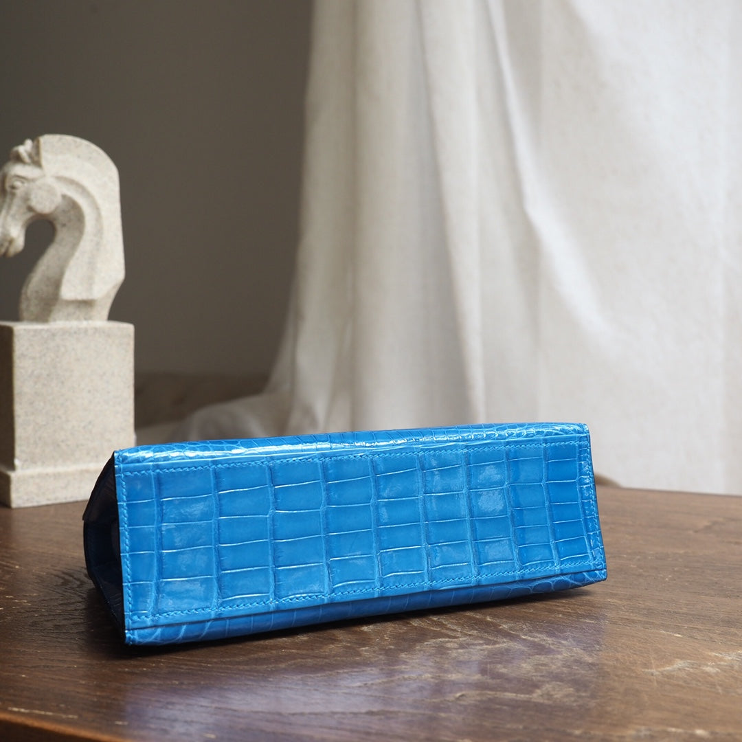 Hermes Mini Kelly 22cm 7W/伊兹密尔蓝/Blue Izmir Crocodile leather Palladium hardware