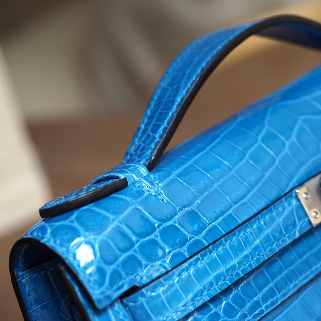 Hermes Mini Kelly 22cm 7W/伊兹密尔蓝/Blue Izmir Crocodile leather Palladium hardware